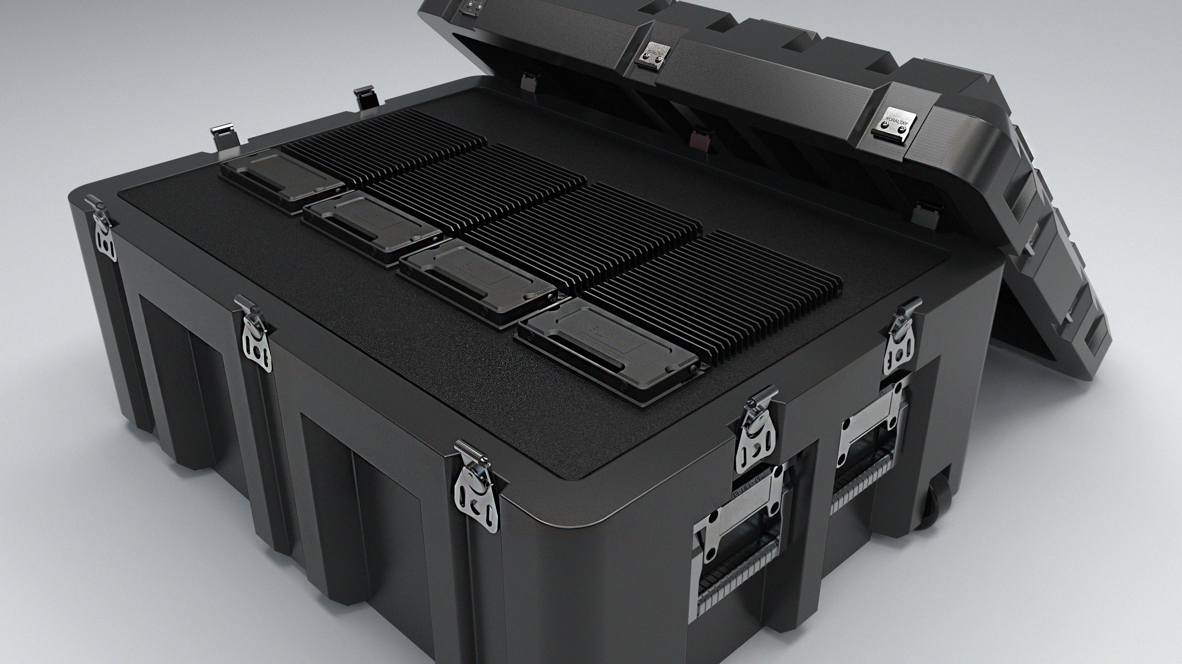 Open black rugged protective case with integrated foam lining, metal latches, and molded compartments for equipment storage and protection.